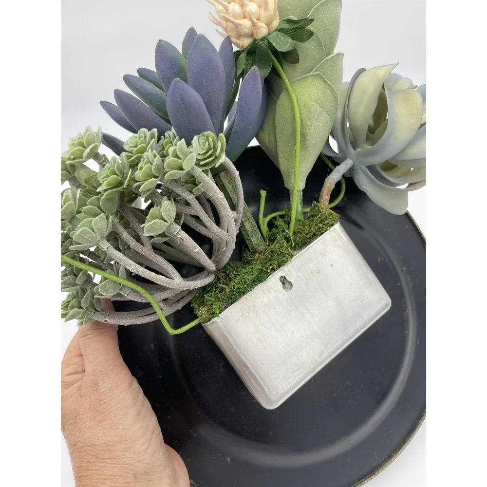 Vintage Toleware Plate Black Wall Pocket Hand Paint‎ Roses w/Succulent Florals
